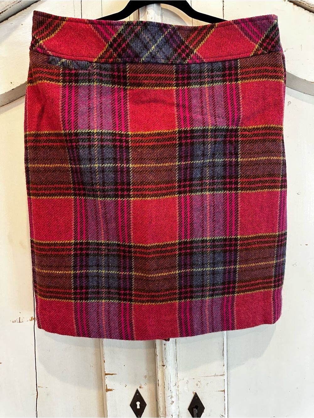 L.L. Bean Pink Plaid Pencil Skirt with Purple and Brown Accents